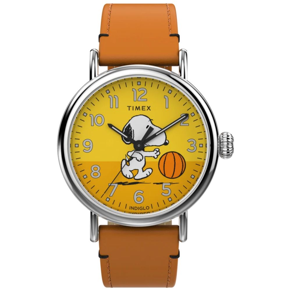 TIMEX 天美時  x Peanuts 40毫米灌籃高手史努比 皮革石英錶(黃x橘TXTW2W51900)