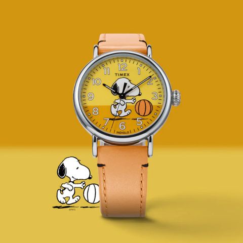 TIMEX 天美時 x Peanuts 40毫米灌籃高手史努比 皮革石英錶(黃x橘TXTW2W51900)