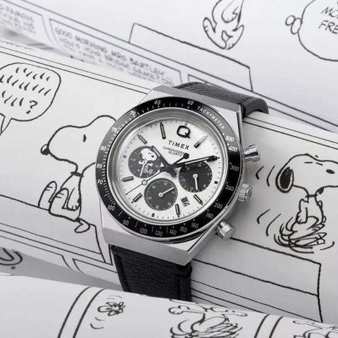 TIMEX 天美時 Q Timex x Peanuts 40毫米史努比潛水風格 秒錶皮革腕錶(白x黑TXTW2W68900)