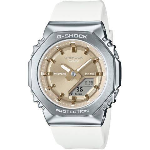 CASIO G-SHOCK 金屬時尚八角造型計時錶/米X白/GM-S2110-7A9