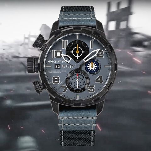 elegantsis 愛樂時 JF48WWII-收藏家腕錶 三眼計時腕錶-灰藍 ELJF48QS-6G03LC