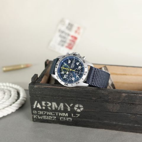 SEIKO 精工 / SND379R /三眼計時 防水100米 尼龍帆布手錶 藍x銀框 38mm