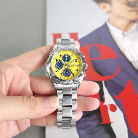 SEIKO 精工 / SND409P / 三眼計時 數字刻度 夜光 日期 不鏽鋼手錶 黃色 39mm