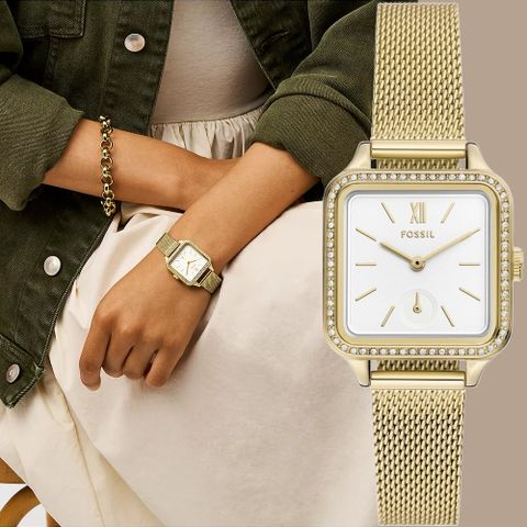 FOSSIL Colleen 晶鑽米蘭帶方形女錶-28mm BQ3972