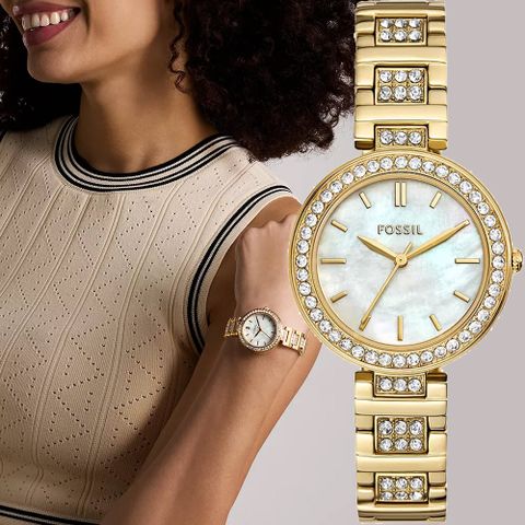 FOSSIL Karli 晶鑽大三針珍珠貝女錶-金/34mm BQ5001