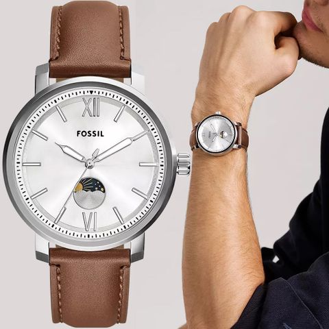 FOSSIL Rhett 日月相手錶-咖啡x銀/43mm BQ2908