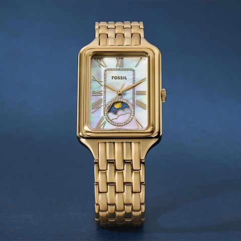 FOSSIL Raquel 日月相珍珠貝方形女錶-金/29mm ES5398