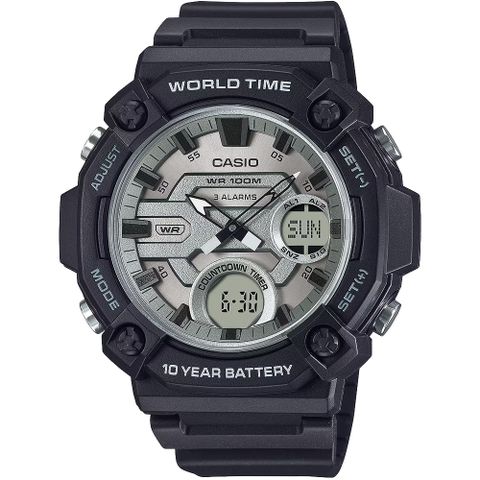 CASIO 卡西歐 10年電力 冒險精神 計時雙顯錶 手錶-黑x白 AEQ-120W-7A