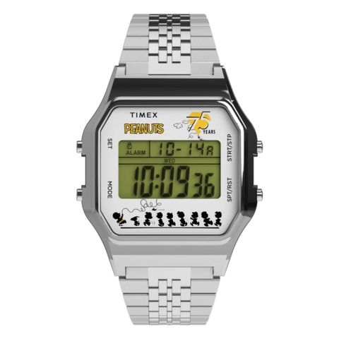 TIMEX 天美時 x Peanuts T80 34毫米 史努比75週年限量版 不鏽鋼錶帶電子錶(銀TXTW2Y20000)