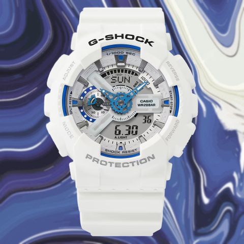 CASIO 卡西歐 G-SHOCK 藍白夏日海洋 磷光 大錶殼雙顯錶 GA-110HDS-7A