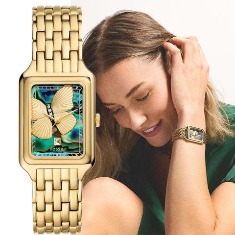 FOSSIL Raquel 斑斕蝴蝶方形珍珠貝女錶-26mm ES5409