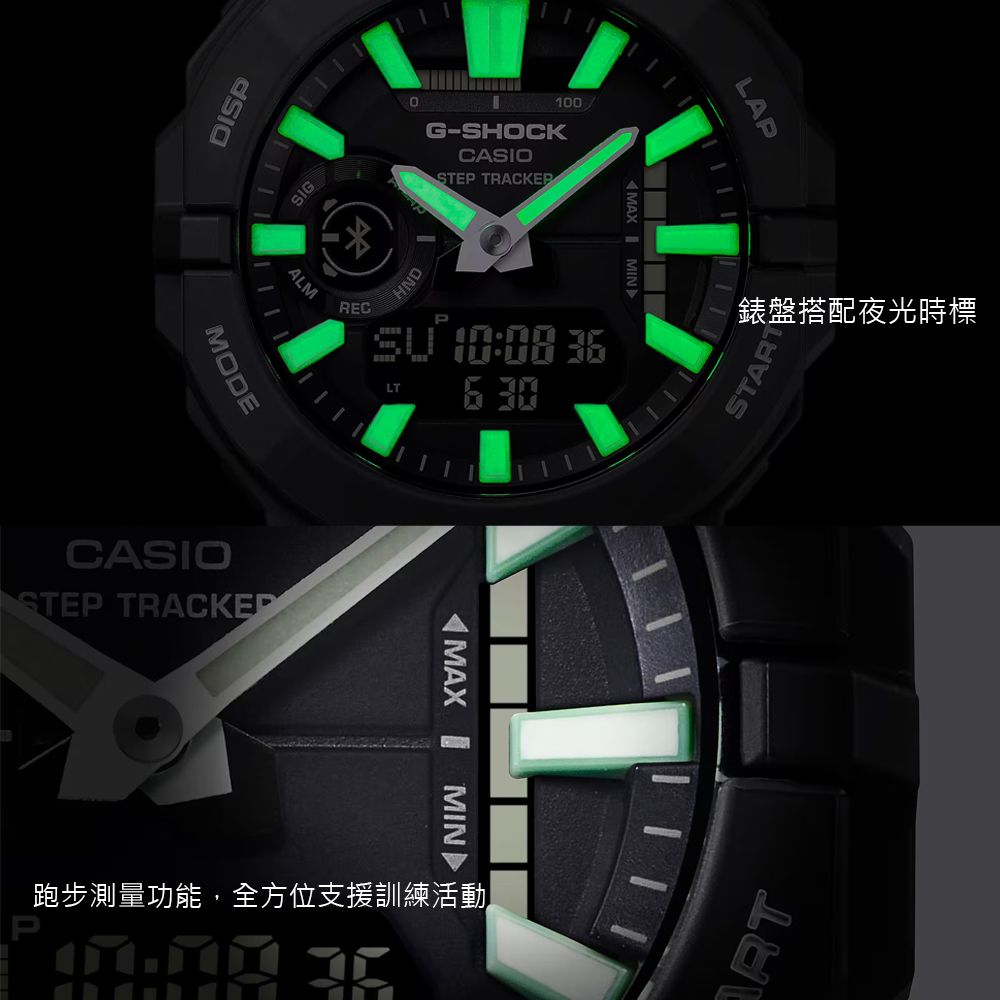 DISPMODECASIOSTEP TRACKERSIGALM100G-SHOCKCASIOSTEP TRACKERHNDP 10:08 LT  MIND HI跑步測量功能,全方位支援訓練活動MAX MINLAP錶盤搭配夜光時標START