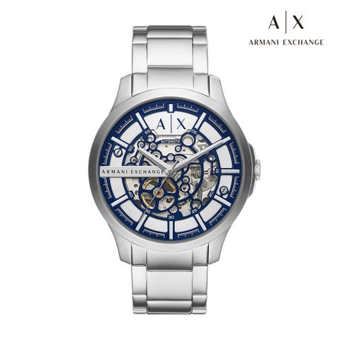Armani Exchange Hampton 海藍紳士銀鏤空機械手錶 銀色不鏽鋼鍊帶 46MM AX2416