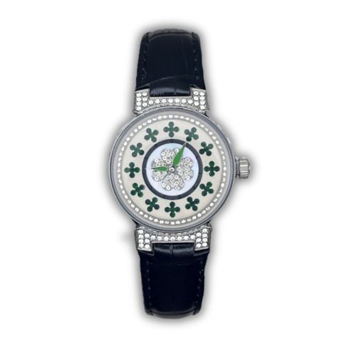 【Folli Follie】30毫米 幸運草 精鑲綠白水晶錶面 鱷魚壓紋真皮腕錶(銀x黑 FF230423)