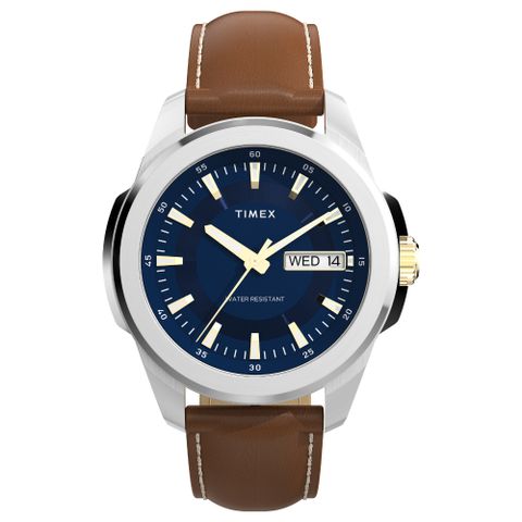【TIMEX】天美時 Essex Day and Date 都會魅力 45 毫米 皮革錶帶腕錶(藍x棕 TXTW2Y38100)