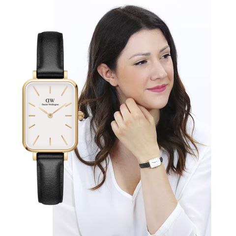 Daniel Wellington DW 手錶 Quadro Sheffield 經典黑真皮皮革小方錶-白錶盤-香檳金框 DW00100559