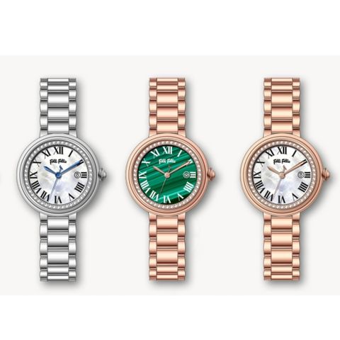 【Folli Follie】30毫米 誥石 珍珠母貝錶盤 不鏽鋼鍊錶帶腕錶 多色任選