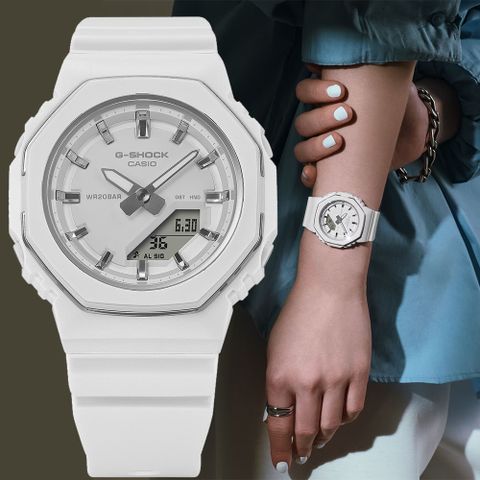 CASIO 卡西歐 G-SHOCK 八角纖薄金屬邊 雙顯手錶 電子錶 女錶 GMA-P2110-7A