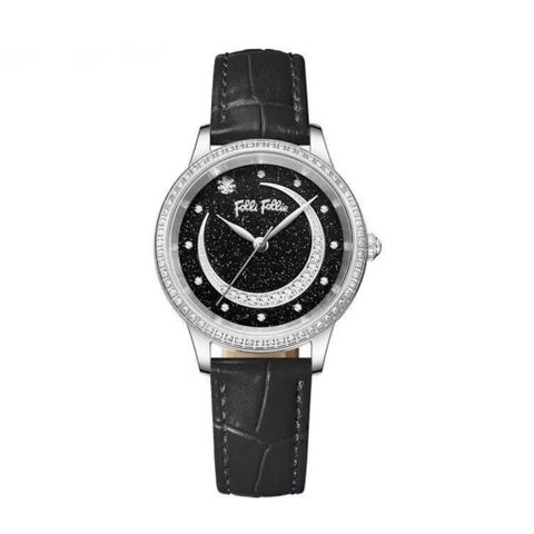 【Folli Follie】29毫米 星空錶盤 誥石鑲嵌 真皮錶帶腕錶(黑 FF22A006BPE-WBB)