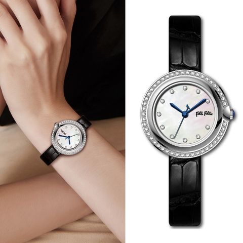 【Folli Follie】33毫米  誥石錶圈 珍珠母貝錶盤 鱷魚壓紋真皮腕錶(銀X黑FF22B023-WB)