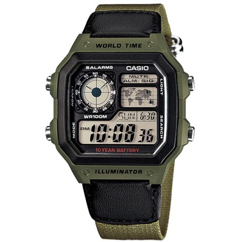 CASIO / AE-1200WHB-3B / 卡西歐 軍事風格 世界時間 防水100米 電子液晶 帆布手錶 黑x軍綠色 40mm