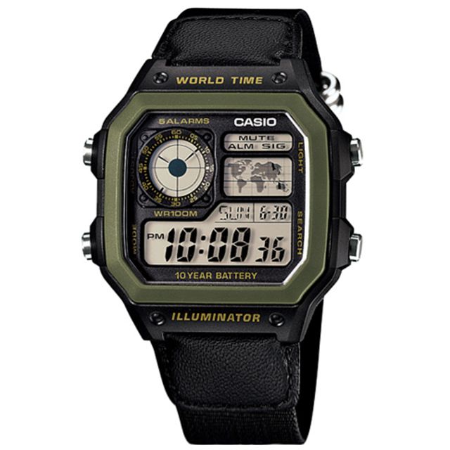 CASIO 卡西歐  / AE-1200WHB-1B /  軍事風格 世界時間 防水100米 電子液晶 帆布手錶 軍綠色x黑 40mm