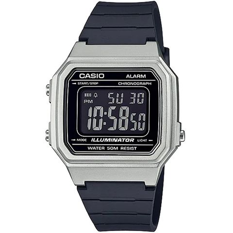 CASIO 卡西歐 復古金屬感數位電子腕錶/黑x銀框(W-217HM-7BVDF)