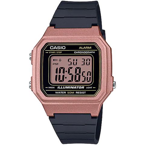 CASIO 卡西歐 復古金屬感數位電子腕錶/黑x玫瑰金框(W-217HM-5AVDF)