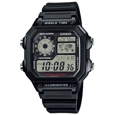 熱銷品牌▼日系手錶CASIO 卡西歐 10年電力 復古風 世界地圖計時手錶-黑 AE-1200WH-1A