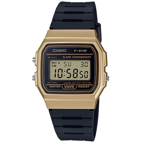 CASIO 卡西歐 數位顯示運動腕錶-黑x金(F-91WM-9ADF)