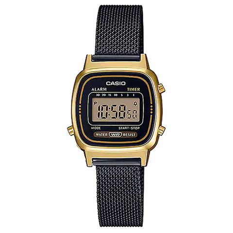 CASIO 卡西歐 復古典雅數位米蘭腕錶/黑x金框(LA670WEMB-1DF)