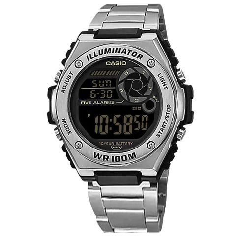 CASIO / MWD-100HD-1B / 卡西歐 運動時尚 工業風格 兩地時間 防水100米 電子數位 不鏽鋼手錶 黑x銀 51mm