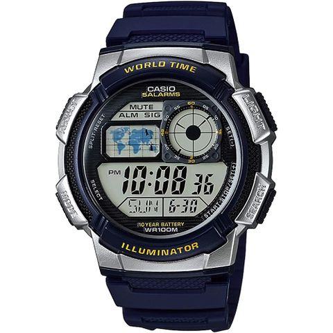 熱銷品牌▼日系手錶CASIO 卡西歐 多功能世界時間電子錶-藍銀 AE-1000W-2AV
