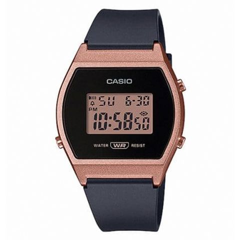 CASIO 卡西歐 簡約電力數位樹脂腕錶/黑x古銅框(LW-204-1ADF)