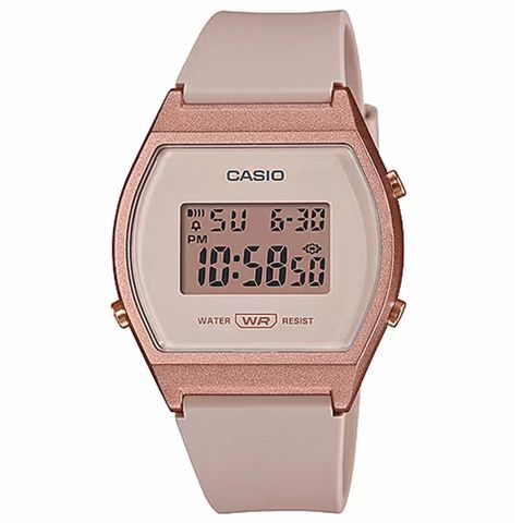 CASIO 卡西歐 簡約電力數位樹脂腕錶/裸粉x古銅框(LW-204-4A)