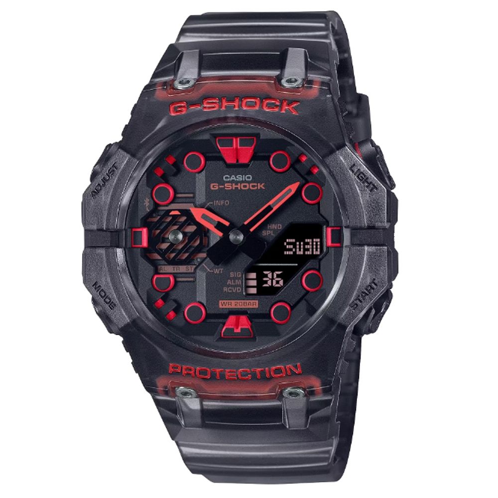 CASIO 卡西歐   G-SHOCK 藍牙連線 時尚錶圈雙顯腕錶46mm /GA-B001G-1A 黑紅 半透明