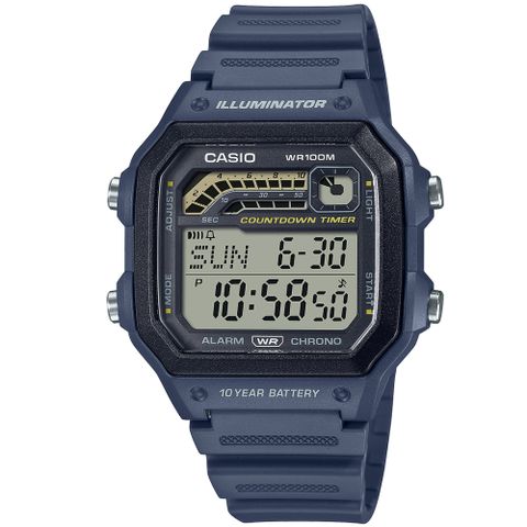 CASIO 卡西歐 方形簡約潮流數位電子腕錶/藍(WS-1600H-2A)