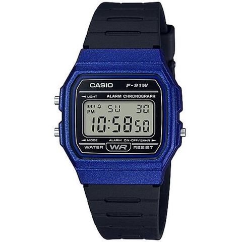 CASIO 卡西歐 經典復古方形時尚數位錶/黑x藍框(F-91WM-2A)