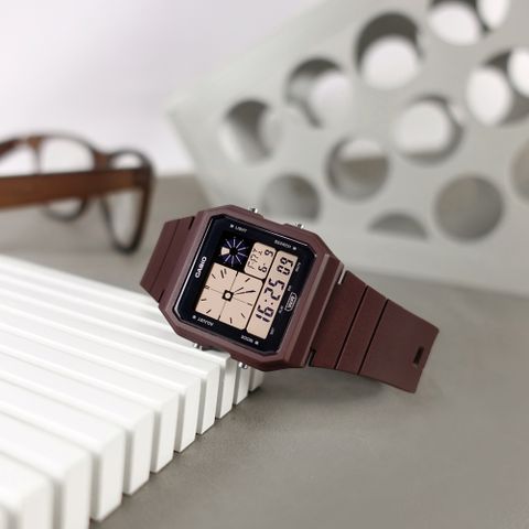 CASIO / LF-20W-5A / 卡西歐 經典復古 方形造型 雙顯 電子數位 橡膠手錶 深咖啡色 33mm