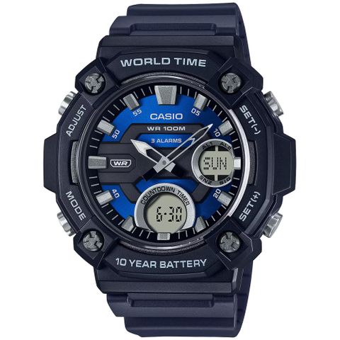 CASIO 卡西歐 休閒簡約雙顯運動腕錶/黑x藍面(AEQ-120W-2A)