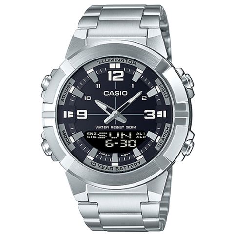 【CASIO 卡西歐】簡約率性雙顯運動不鏽鋼腕錶/銀x黑面(AMW-870D-1A)