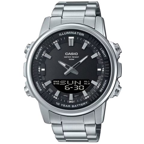 【CASIO 卡西歐】時尚尖端雙顯運動不鏽鋼腕錶/銀x黑面(AMW-880D-1A)