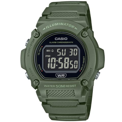 CASIO 卡西歐 簡約百搭圓形數位腕錶/軍綠(W-219HC-3B)