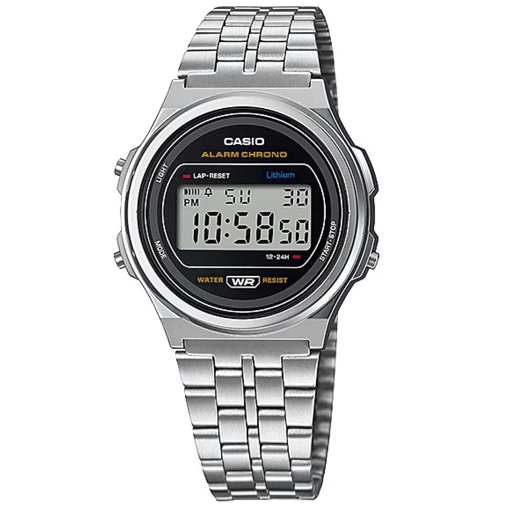 CASIO 卡西歐  / A171WE-1A /  復古懷舊 計時碼錶 電子數位 不鏽鋼手錶 黑銀色 36mm