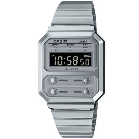 CASIO 卡西歐 復古時光數位電子不鏽鋼腕錶/銀(A100WE-7B)