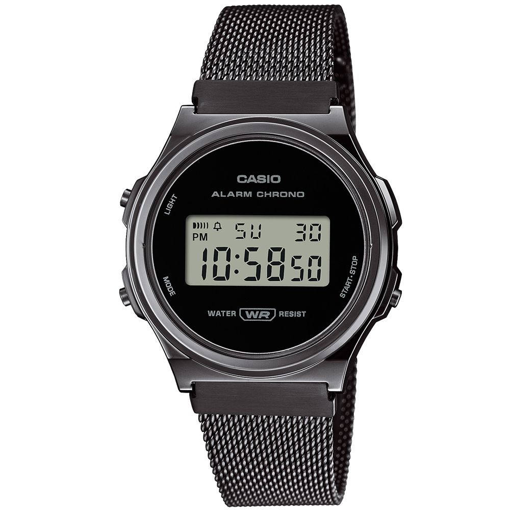 CASIO 卡西歐 復古風潮數位電子不鏽鋼米蘭腕錶/黑(A171WEMB-1A)