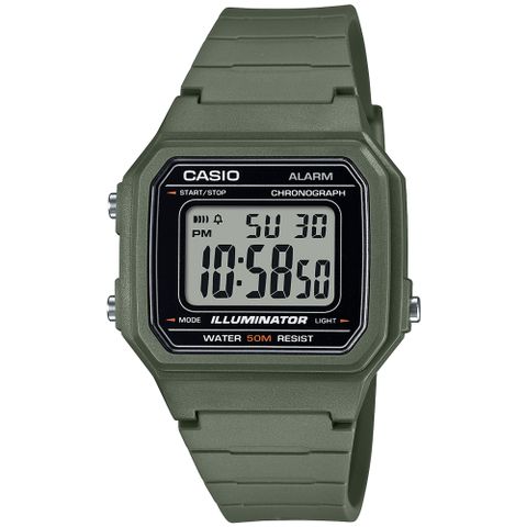 CASIO 卡西歐 方形休閒簡約數位電子腕錶/軍綠(W-217H-3A)