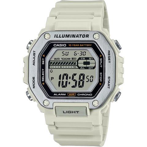 CASIO 卡西歐 10年電力金屬風計時手錶-米白 MWD-110H-8AV