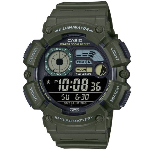 CASIO 卡西歐 圓形獨特簡約數位電子運動腕錶/軍綠(WS-1500H-3B)