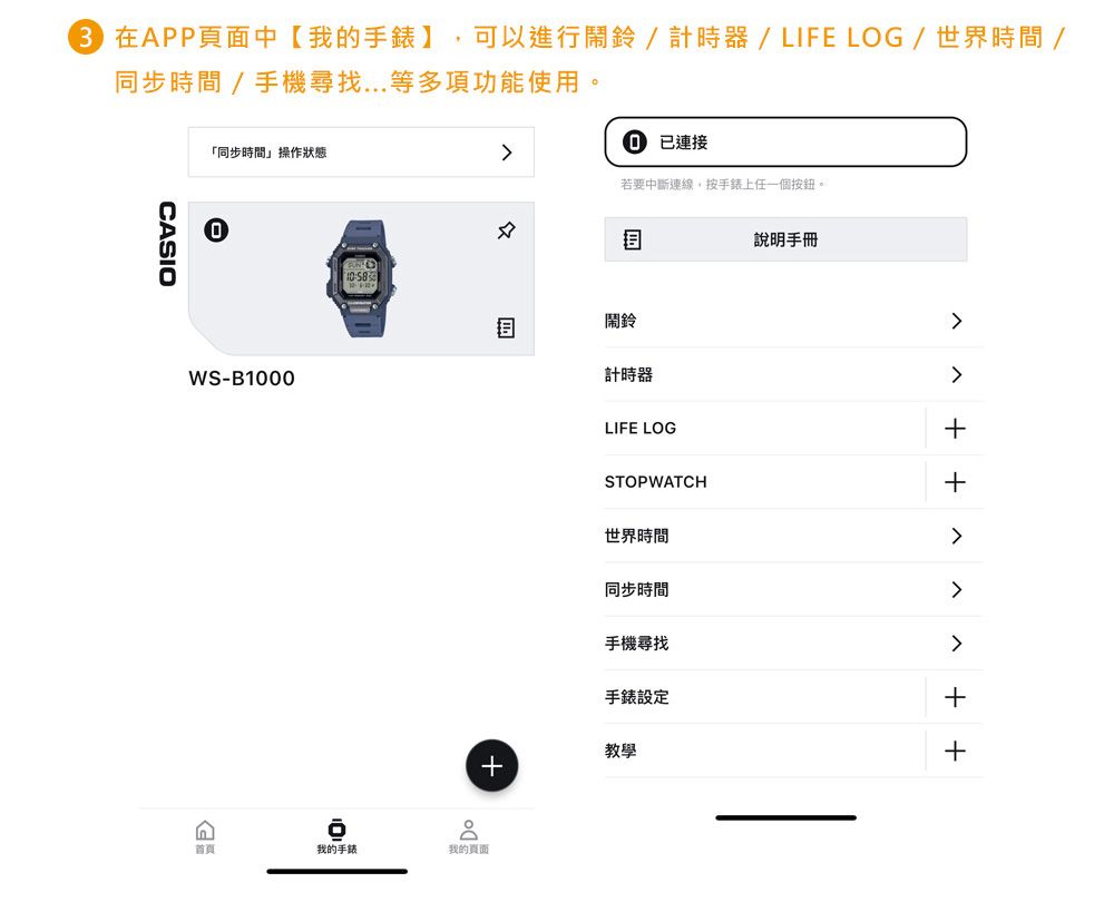 在APP頁面中【我的手錶】 可以進行鬧鈴計時器/LIFE LOG/世界時間 /同步時間/手機尋找...等多項功能使用。CASIO「同步時間操作狀態WS-B1000 已連接若要中斷連線按手錶上任一個按鈕。說明手冊鬧鈴計時器LIFE LOGSTOPWATCH世界時間同步時間手機尋找手錶設定教學+首頁我的手錶我的頁面